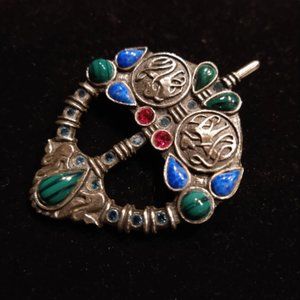 Vtg Signed SOLOOR Celtic Gemstone Highlander Brooch-Kilt Pin Green-Blue-Fuchsia